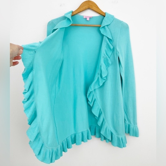 Lily Pulitzer 100% Cotton Blue Ruffle Cardigan Size Small - Picture 8 of 16
